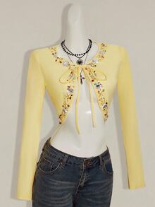 SHEIN ICON Women's Going Out Fall Beaded Butter Yellow Rhinestone Embellished Tie Front Cropped Long Sleeve T-Shirt - Yellow - View 4