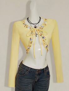 SHEIN ICON Women's Going Out Fall Beaded Butter Yellow Rhinestone Embellished Tie Front Cropped Long Sleeve T-Shirt - Yellow - View 5