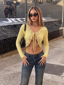 SHEIN ICON Women's Going Out Fall Beaded Butter Yellow Rhinestone Embellished Tie Front Cropped Long Sleeve T-Shirt - Yellow - View 1