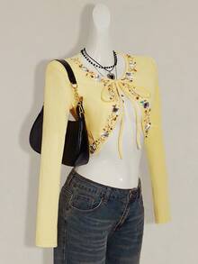 SHEIN ICON Women's Going Out Fall Beaded Butter Yellow Rhinestone Embellished Tie Front Cropped Long Sleeve T-Shirt - Yellow - View 3