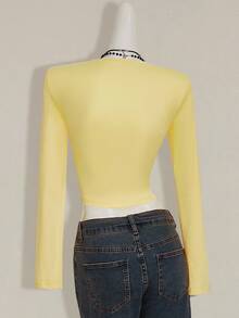 SHEIN ICON Women's Going Out Fall Beaded Butter Yellow Rhinestone Embellished Tie Front Cropped Long Sleeve T-Shirt - Yellow - View 2