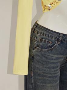 SHEIN ICON Women's Going Out Fall Beaded Butter Yellow Rhinestone Embellished Tie Front Cropped Long Sleeve T-Shirt - Yellow - View 6