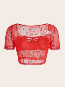 SHEIN X KeniaOs SHEIN ICON 水钻蝴蝶图案镂空前蕾丝短款 T 恤 - 紅色 - 查看 2