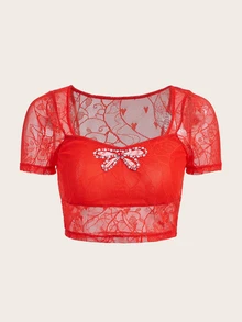 SHEIN X KeniaOs SHEIN ICON 水钻蝴蝶图案镂空前蕾丝短款 T 恤 - 紅色 - 查看 3