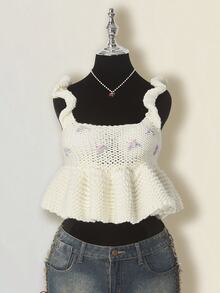 SHEIN ICON Casual Floral Embroidery Cropped Knit Top Knit Crop Top - White - View 4