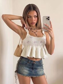 SHEIN ICON Casual Floral Embroidery Cropped Knit Top Knit Crop Top - White - View 1