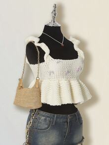 SHEIN ICON Casual Floral Embroidery Cropped Knit Top Knit Crop Top - White - View 3