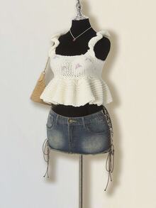 SHEIN ICON Casual Floral Embroidery Cropped Knit Top Knit Crop Top - White - View 5