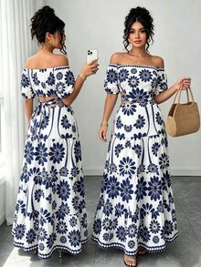 Elenzga Plus Size Women's Spring/Summer Blue & White Print Ruffle Elegant Vacation Dress, Puff Sleeves, Cinched Waist, Hollow Out, Ruffle Hem, Long Dress, Summer Beach Outfit - Blue - View 9