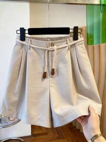Linhara Plus Size Casual Shorts With Belt Decor, For Outdoor Activities - Khaki - View 1