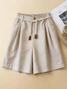 Linhara Plus Size Casual Shorts With Belt Decor, For Outdoor Activities - Khaki - View 3
