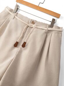 Linhara Plus Size Casual Shorts With Belt Decor, For Outdoor Activities - Khaki - View 2