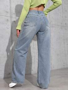 SHEIN ICON 女士口袋宽松阔腿休闲百搭牛仔裤 - 淺色水洗藍 - 查看 2