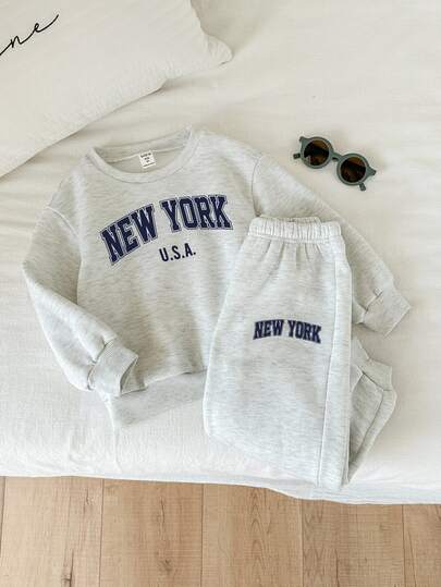 SHEIN 2pcs/Set Young Boy Autumn/Winter Cute Casual Sports Versatile Knit Letter Pattern Long Sleeve Thermal Lined Sweatshirt Tracksuit Boy Joggers Pants Set Winter Clothes