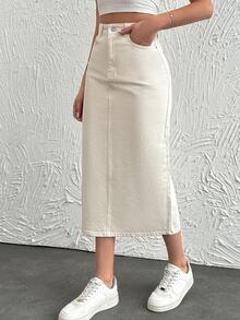 SHEIN Plus High Waist Casual Modest White Rinse Wash Regular Fit Button Front Denim Skirt Brunch Formal Summer - Beige - View 9