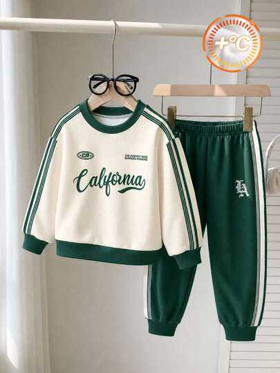 Boys' (Small) Sweatshirt Set, Crew Neck Sweatshirt With Dark Green Ribbed Collar, Cuffs And Hem, Striped Sleeves, English Script Print With Small Logo On Body, Green Jogger Pants With Matching Side Stripes And White LA Letter Print On Legs, Ribbed Cuffs