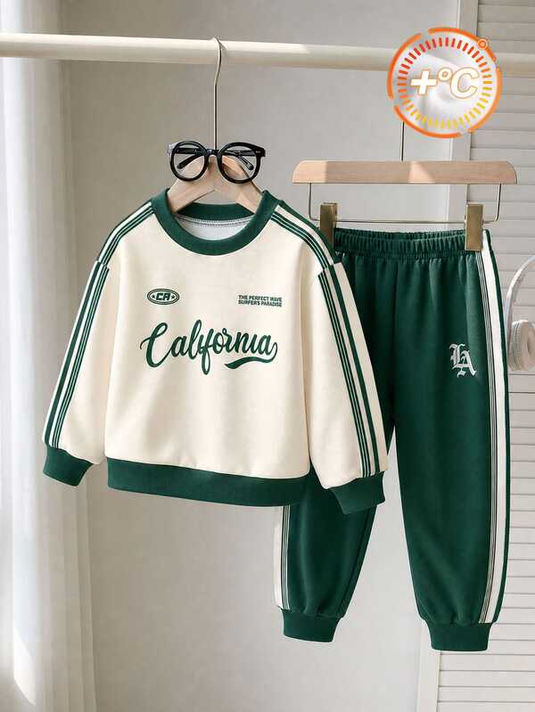 Boys' (Small) Sweatshirt Set, Crew Neck Sweatshirt With Dark Green Ribbed Collar, Cuffs And Hem, Striped Sleeves, English Script Print With Small Logo On Body, Green Jogger Pants With Matching Side Stripes And White LA Letter Print On Legs, Ribbed Cuffs