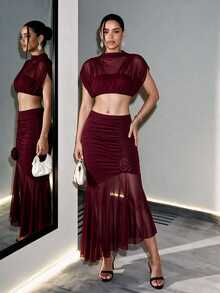 BamGleam Burgundy Pleated 3D Rose Flower Mesh Patchwork Asymmetrical Fishtail Midi Skirt Night Autumn Sexy - Burgundy - View 4