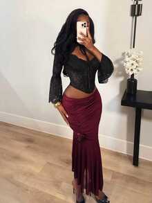 BamGleam Burgundy Pleated 3D Rose Flower Mesh Patchwork Asymmetrical Fishtail Midi Skirt Night Autumn Sexy - Burgundy - View 3
