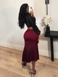 BamGleam Burgundy Pleated 3D Rose Flower Mesh Patchwork Asymmetrical Fishtail Midi Skirt Night Autumn Sexy - Burgundy - View 2