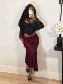 BamGleam Burgundy Pleated 3D Rose Flower Mesh Patchwork Asymmetrical Fishtail Midi Skirt Night Autumn Sexy - Burgundy - View 6