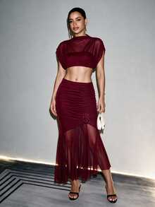 BamGleam Burgundy Pleated 3D Rose Flower Mesh Patchwork Asymmetrical Fishtail Midi Skirt Night Autumn Sexy - Burgundy - View 5