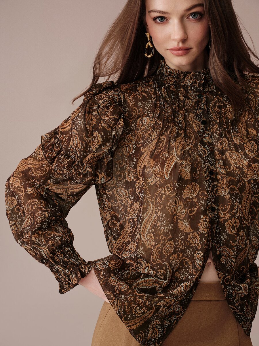 BELROSIE Blus Wanita Slim Fit Chiffon Leher Tinggi Bahu Berkerut Manset Berkerut Elegan Vintage Cokelat Motif Bunga Paisley Motif Bunga Liburan Makan Siang Kantor Musim Gugur - MultiWarna - View 1