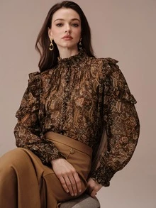 BELROSIE Blus Wanita Slim Fit Chiffon Leher Tinggi Bahu Berkerut Manset Berkerut Elegan Vintage Cokelat Motif Bunga Paisley Motif Bunga Liburan Makan Siang Kantor Musim Gugur - MultiWarna - View 7