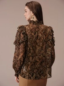 BELROSIE Blus Wanita Slim Fit Chiffon Leher Tinggi Bahu Berkerut Manset Berkerut Elegan Vintage Cokelat Motif Bunga Paisley Motif Bunga Liburan Makan Siang Kantor Musim Gugur - MultiWarna - View 2