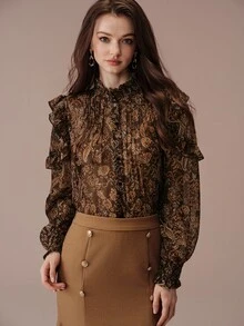 BELROSIE Blus Wanita Slim Fit Chiffon Leher Tinggi Bahu Berkerut Manset Berkerut Elegan Vintage Cokelat Motif Bunga Paisley Motif Bunga Liburan Makan Siang Kantor Musim Gugur - MultiWarna - View 4