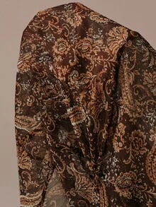BELROSIE Blus Wanita Slim Fit Chiffon Leher Tinggi Bahu Berkerut Manset Berkerut Elegan Vintage Cokelat Motif Bunga Paisley Motif Bunga Liburan Makan Siang Kantor Musim Gugur - MultiWarna - View 8