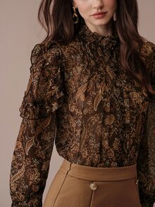 BELROSIE Blus Wanita Slim Fit Chiffon Leher Tinggi Bahu Berkerut Manset Berkerut Elegan Vintage Cokelat Motif Bunga Paisley Motif Bunga Liburan Makan Siang Kantor Musim Gugur - MultiWarna - View 5