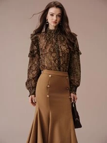 BELROSIE Blus Wanita Slim Fit Chiffon Leher Tinggi Bahu Berkerut Manset Berkerut Elegan Vintage Cokelat Motif Bunga Paisley Motif Bunga Liburan Makan Siang Kantor Musim Gugur - MultiWarna - View 3