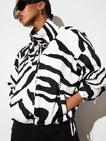 Aveloria GENKIRA Autumn/Winter Black And White Contrast Zebra Animal Print Loose Fit Single-Breasted Lapel Women's Trench Coat Jacket Streetwear Everyday Traveling