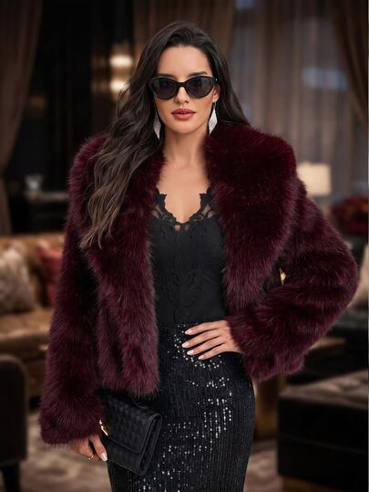 Medorina Women's Solid Color Plush Fashion Versatile Faux Fur Coat