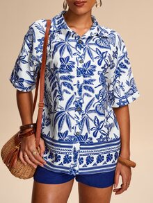 Eryvara 女士印花宽松衬衫和纯色弹力抽绳短裤 - 藍色 - 查看 5