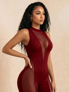 Eryvara 女款圓領無袖透視網格拼接貼身連身褲 - 酒紅色 - 查看 7