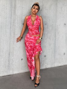 Eryvara Women's Pink Floral Summer 70's Party Disco Vacation Style Printed Halter Backless Slit Dress Asymmetric Cut Two Pieces Set Halter Top Maxi Skirt Set - Tropical Pink - View 7