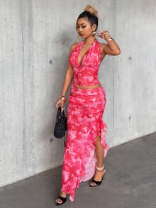Eryvara Women's Pink Floral Summer 70's Party Disco Vacation Style Printed Halter Backless Slit Dress Asymmetric Cut Two Pieces Set Halter Top Maxi Skirt Set - Tropical Pink - View 5