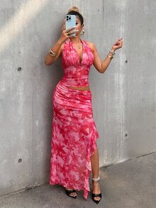 Eryvara Women's Pink Floral Summer 70's Party Disco Vacation Style Printed Halter Backless Slit Dress Asymmetric Cut Two Pieces Set Halter Top Maxi Skirt Set - Tropical Pink - View 4
