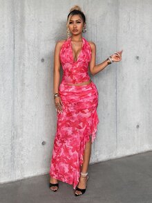 Eryvara Women's Pink Floral Summer 70's Party Disco Vacation Style Printed Halter Backless Slit Dress Asymmetric Cut Two Pieces Set Halter Top Maxi Skirt Set - Tropical Pink - View 6