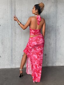 Eryvara Women's Pink Floral Summer 70's Party Disco Vacation Style Printed Halter Backless Slit Dress Asymmetric Cut Two Pieces Set Halter Top Maxi Skirt Set - Tropical Pink - View 3