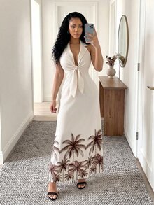 Eryvara 女士椰树印花无袖连衣裙，夏季 - 卡其色 - 查看 2