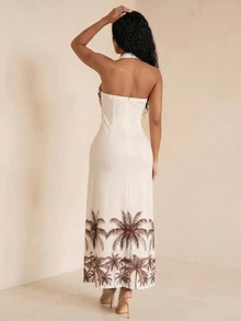 Eryvara 女士椰树印花无袖连衣裙，夏季 - 卡其色 - 查看 8