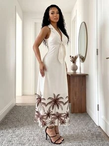 Eryvara 女士椰树印花无袖连衣裙，夏季 - 卡其色 - 查看 3
