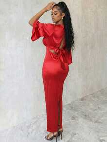 Eryvara V-Neck Waist Pleated Ruffle Sleeve Long Dress For Women - Red - View 3