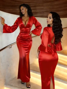Eryvara V-Neck Waist Pleated Ruffle Sleeve Long Dress For Women - Red - View 2