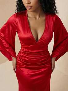 Eryvara V-Neck Waist Pleated Ruffle Sleeve Long Dress For Women - Red - View 11
