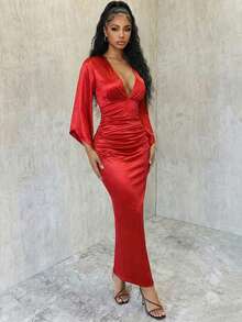 Eryvara V-Neck Waist Pleated Ruffle Sleeve Long Dress For Women - Red - View 9