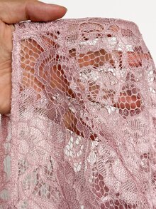 Viva Relle Plus Size Women's Heavy Embellished Rhinestone V-Neck Lace Patchwork Ruched Long Sleeve Pink Blouse, Waist-Defining Top To Outline Graceful Curves - Pink - View 8